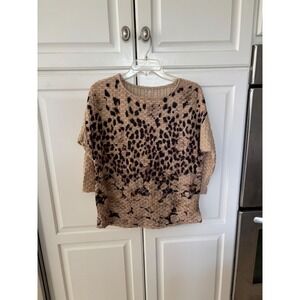 ECLA Womens Leopard Floral Textured Waffle Knit 3/4 Sleeve Blouse Tan Medium